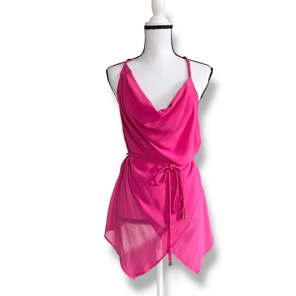 Sheer Chiffon Cowl Neck Drapy  Blouse Top Sz S Pink Asymetical Hem Sleeveless